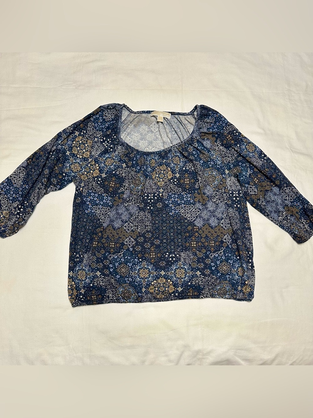 Michael Kors Navy Blue Printed Scoop Neck Top With Elastic Waist
